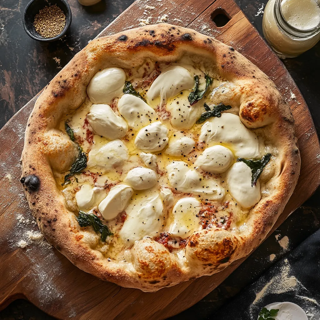 Una pizza con ricotta e basilico.
