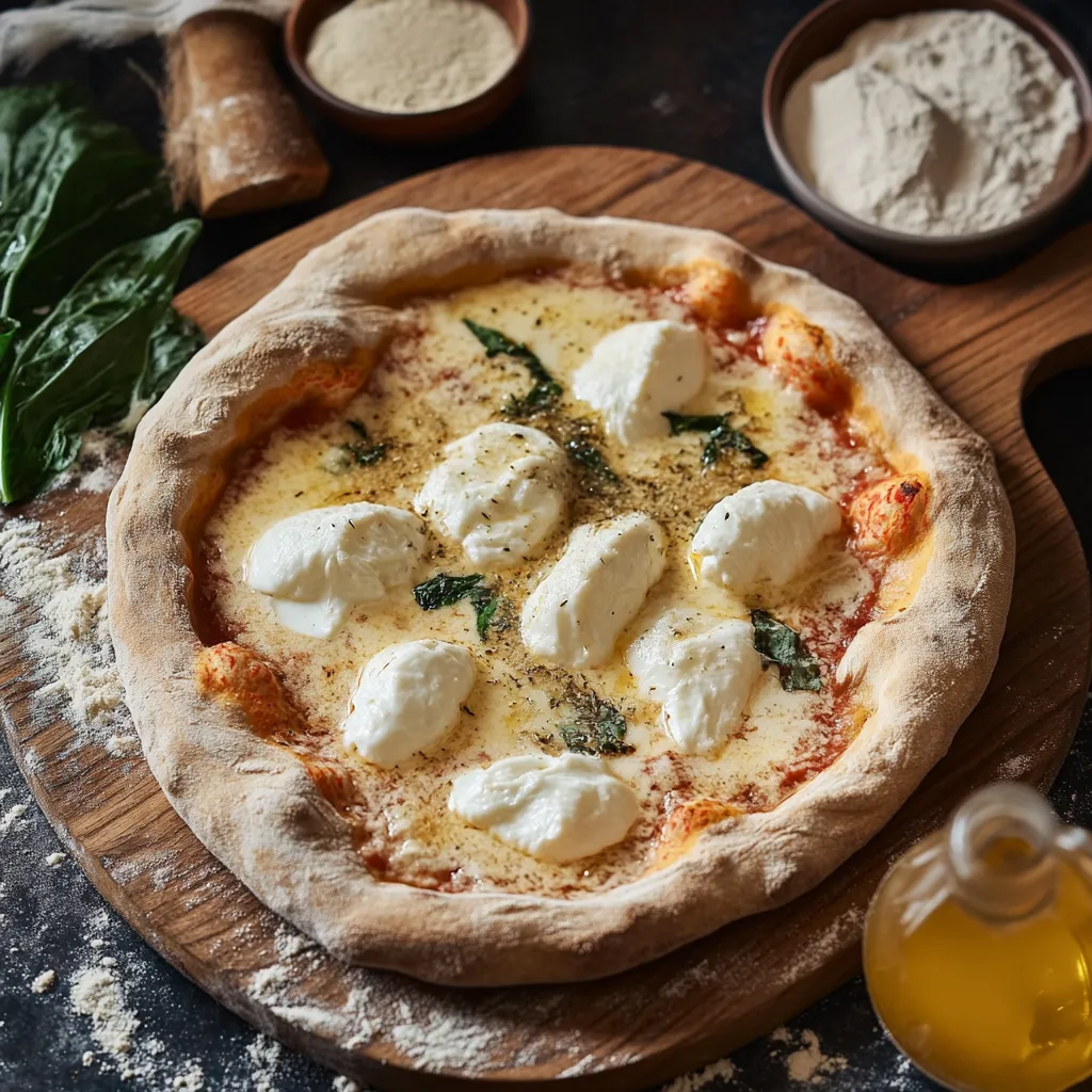 Una pizza con ricotta e basilico.