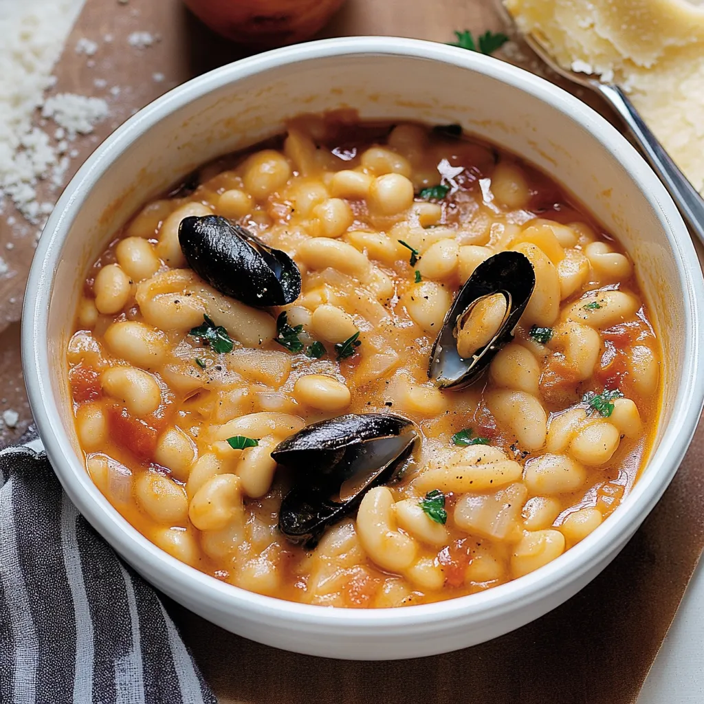 Una ciotola di minestrone con molluschi e fagioli.