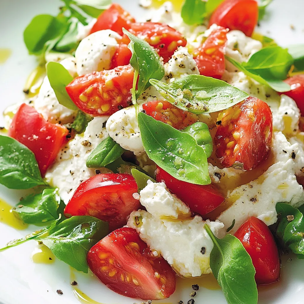 Piatti di pomodori e feta con foglie verdi.