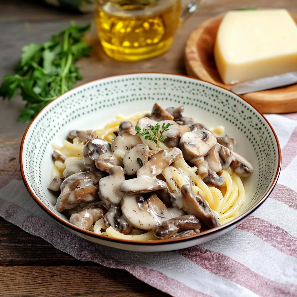 Una ciotola di pasta con funghi e formaggio.