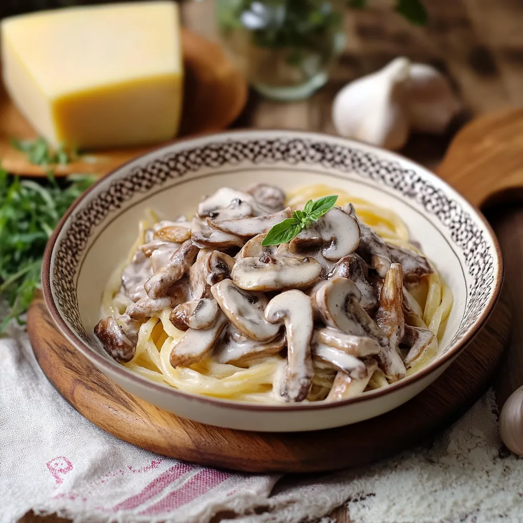 Un piatto di spaghetti con funghi e formaggio.