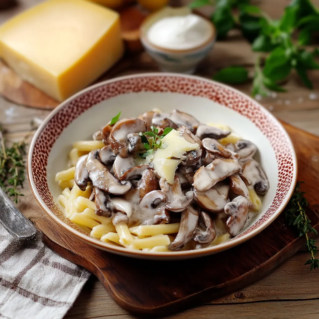 Una tavolata con un piatto di pasta e mushroom.