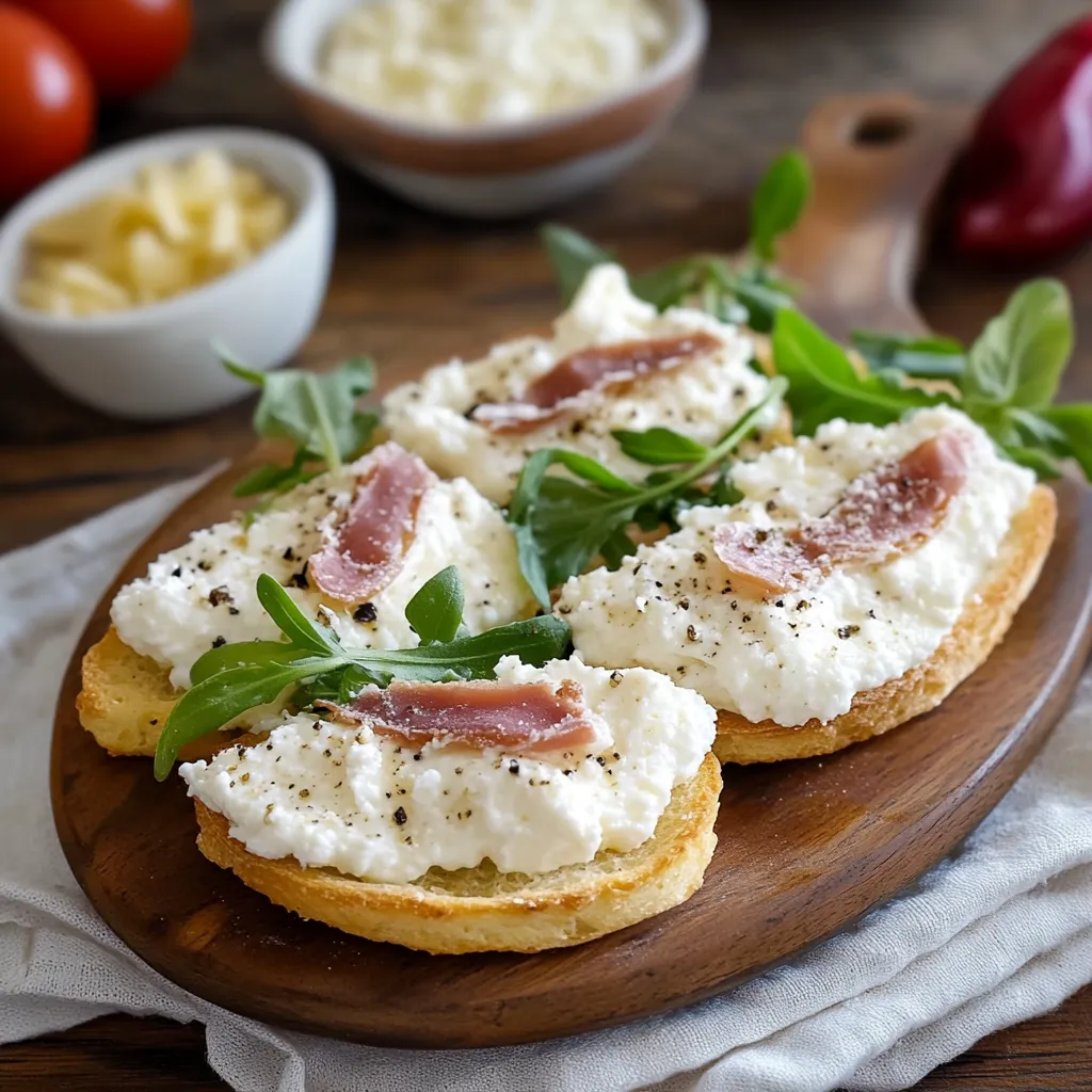 Piatti di bruschetta con erbe e formaggio.