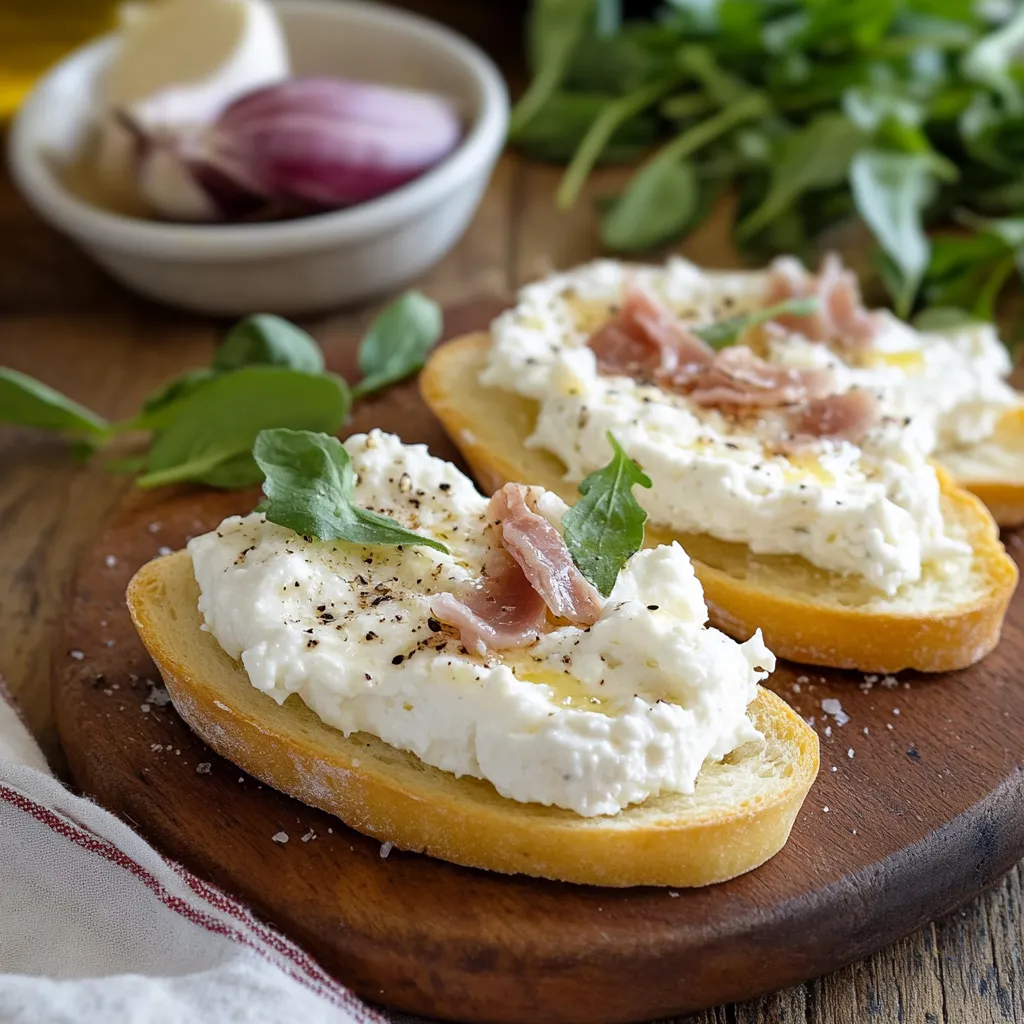 Due bruschette con ricotta e prosciutto.