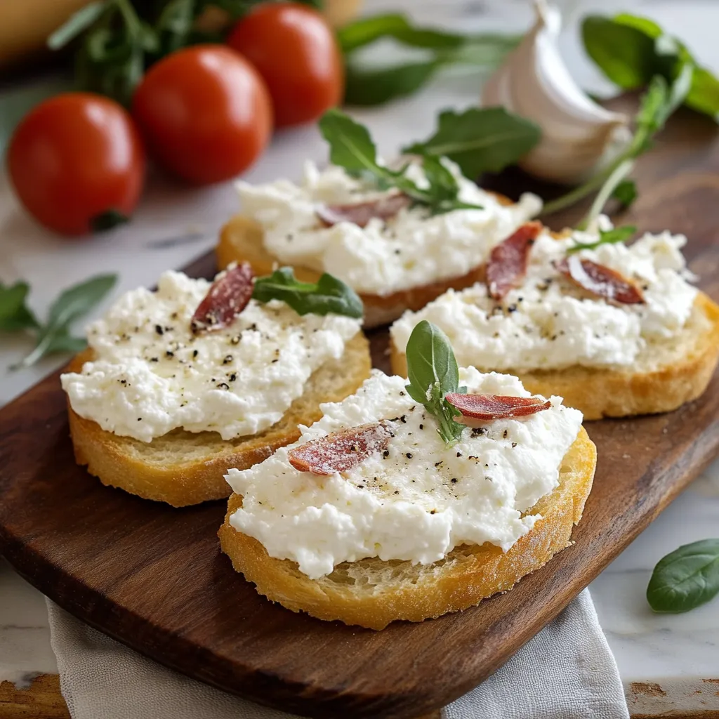 Quattro bruschette con crema e basilico.