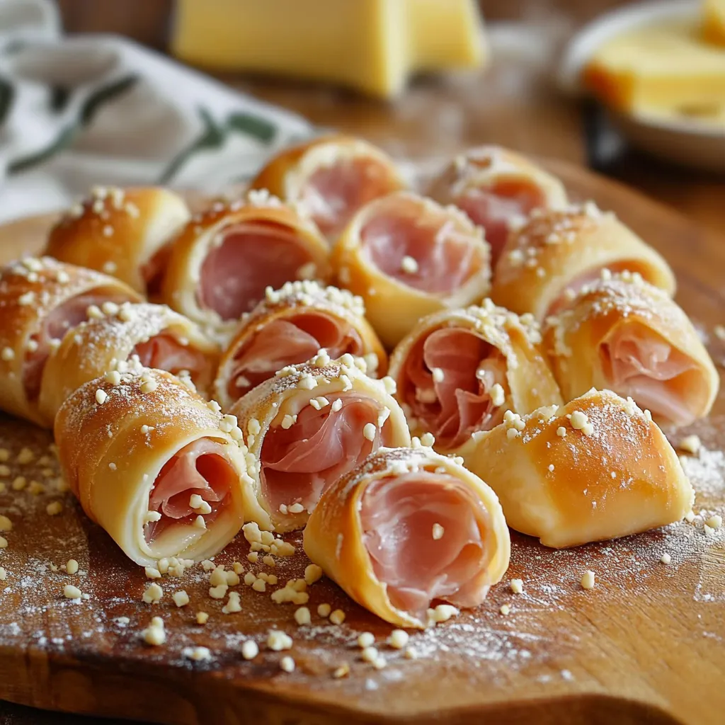Un piatto di crostini con prosciutto e formaggio.