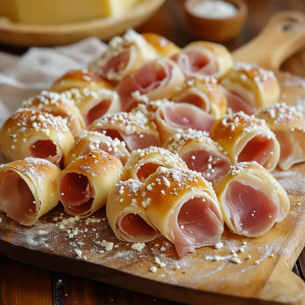 Un piatto di crostini con prosciutto e formaggio.