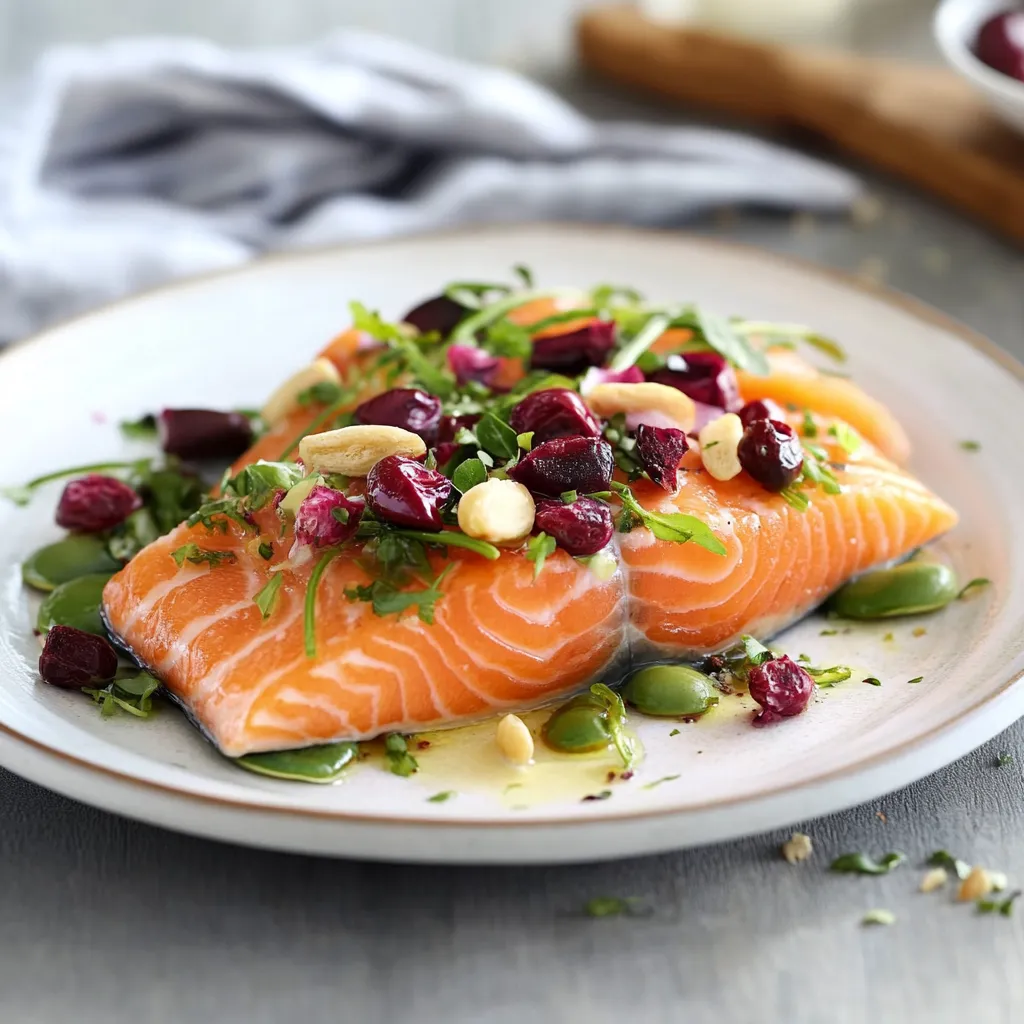 Piatti di salmone con verdure e noci.