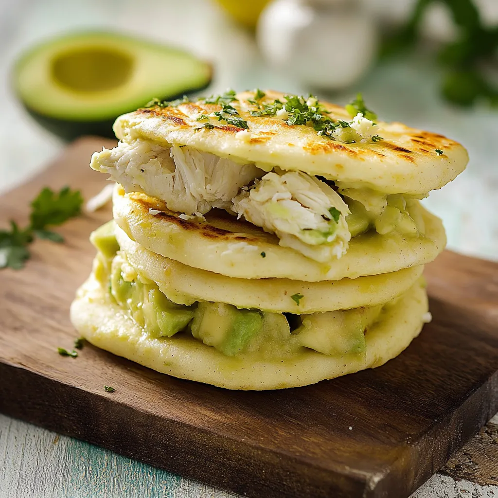 Four corn cakes filled with fish and guacamole.