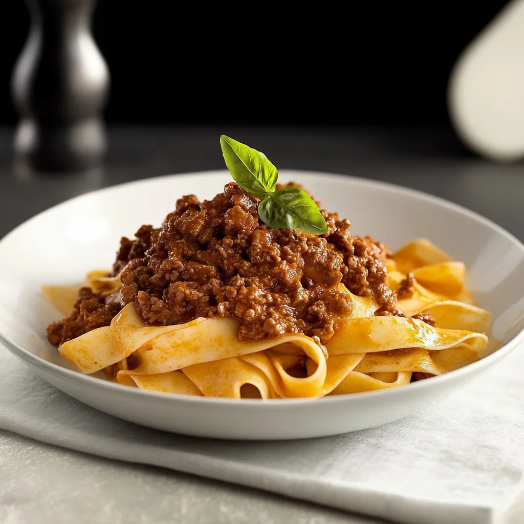 Deliziose tagliatelle al ragù decorate con cipolla.
