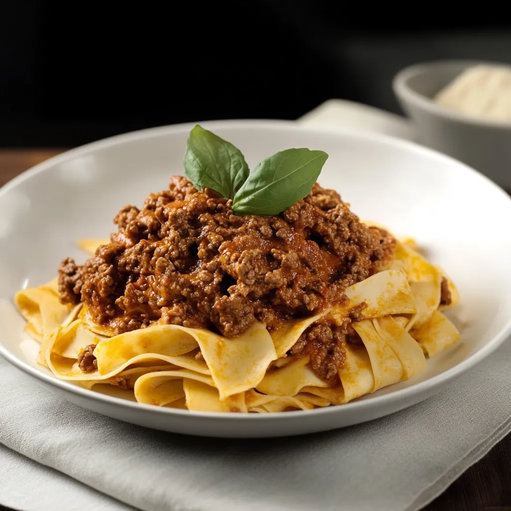 Una porzione di pasta con salsa di carne e foglie di basilico.