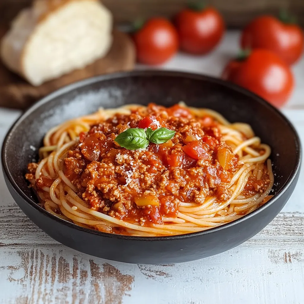 Una ciotola di spaghetti al sugo con basilico fresco.