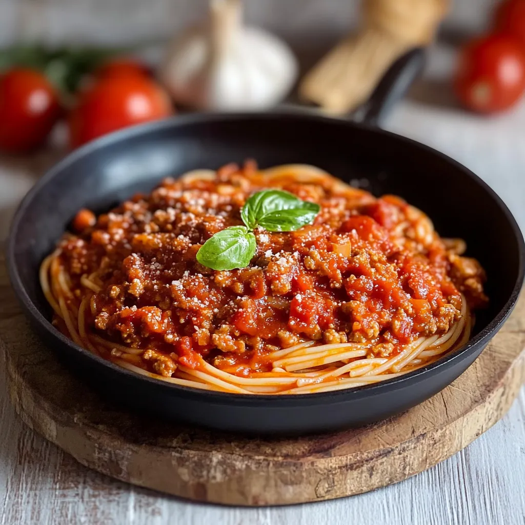 Una ciotola di spaghetti con sauce e foglie di basilico.
