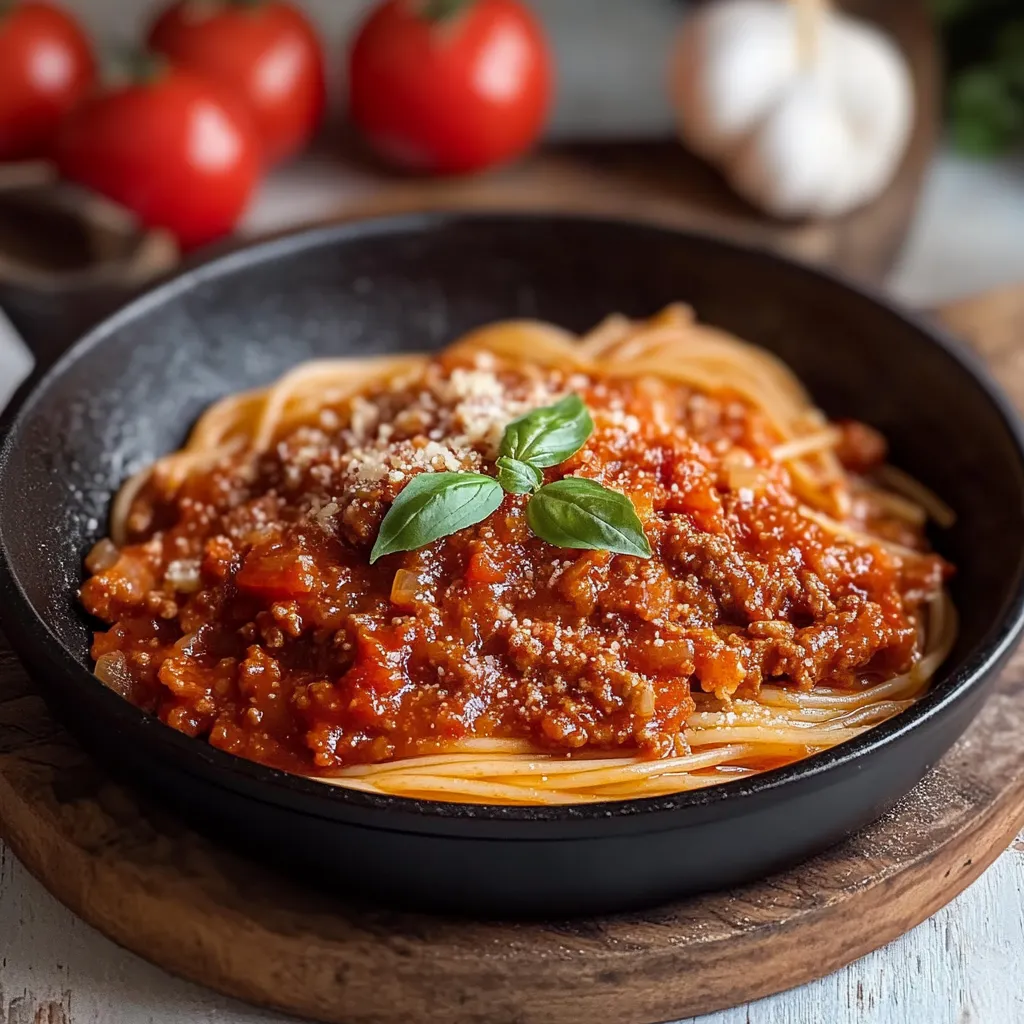 Una ciotola di spaghetti con sauce e foglie di basilico.