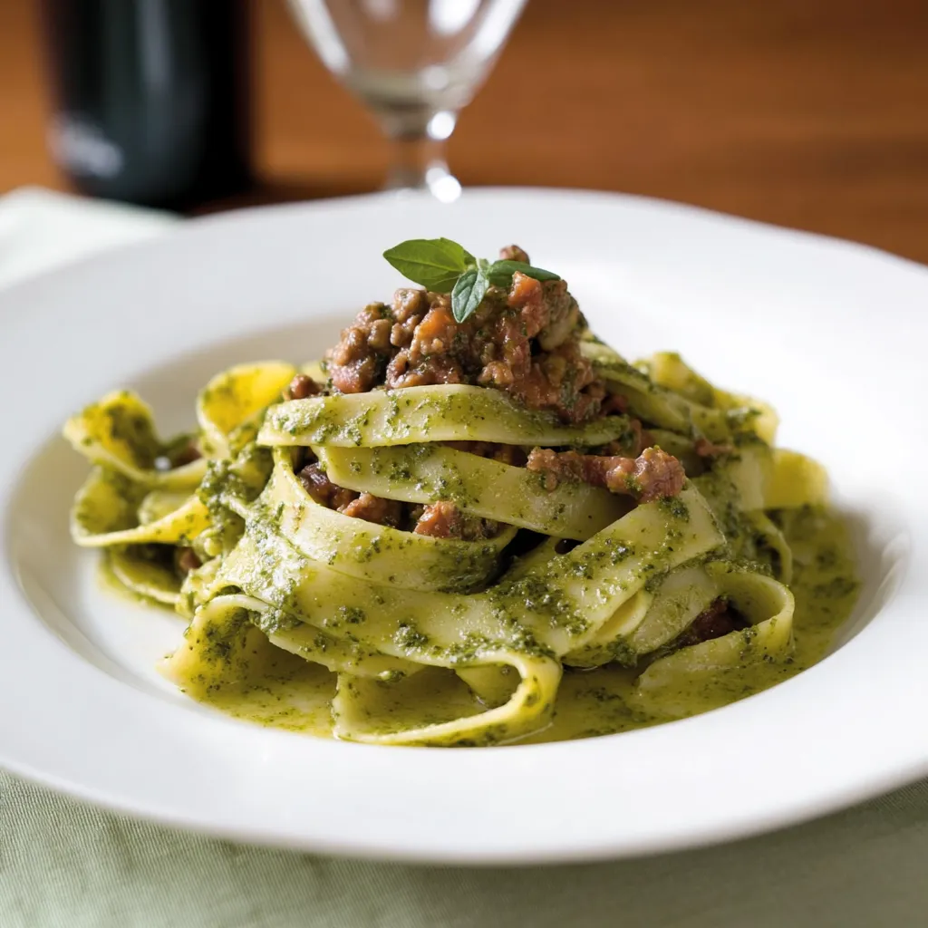 Pasta con verdure fresche e carne tenera.