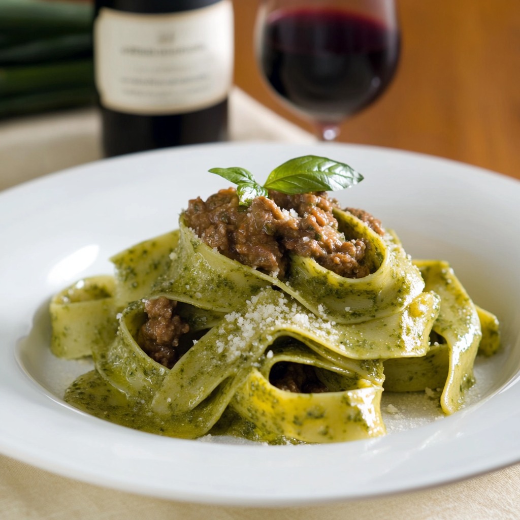 Piatti di pasta con verdure e carne.