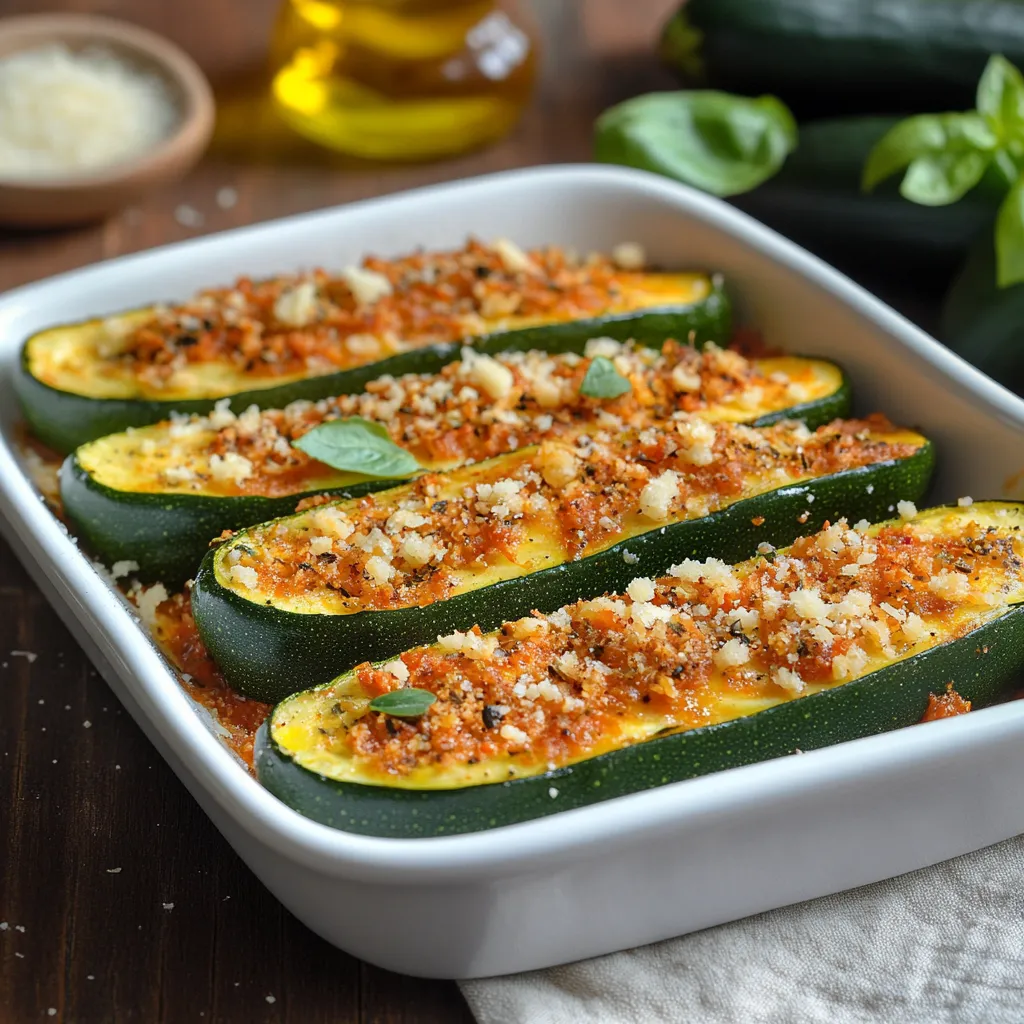 Un piatto di zucchine con salsa ed erbe aromatiche.