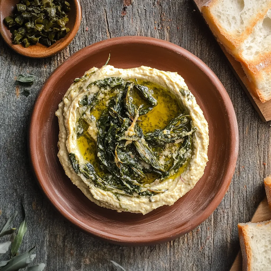 Una ciotola con purè di fave e verdure.