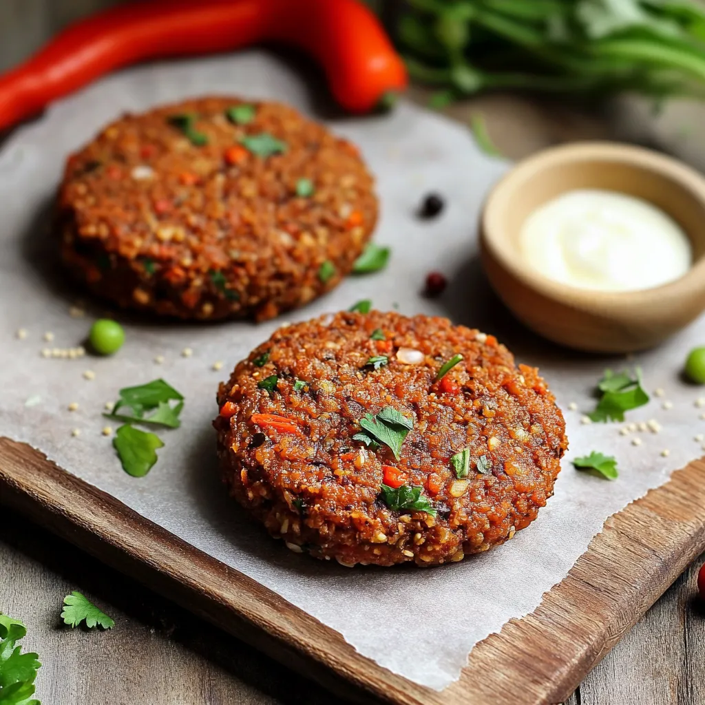 Due cake di carne con peperoncini e condimento.