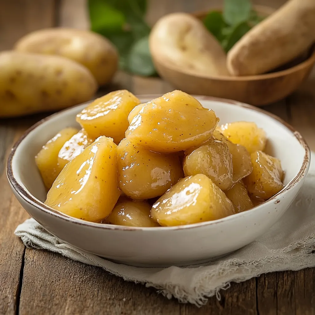 Una ciotola di patate dolci con una cucchiaia di patate.