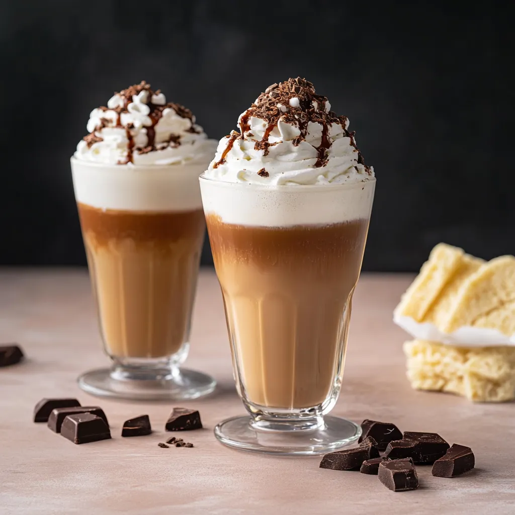 Due bicchieri di caffè con crema e cioccolato.
