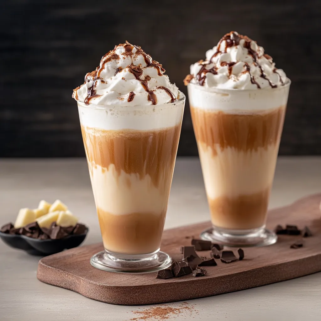 Due bicchieri di caffè con crema e cioccolato.