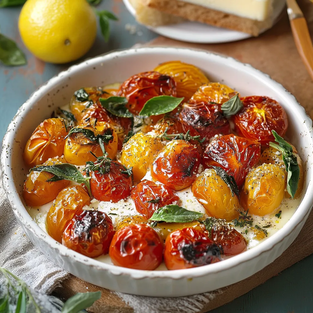 Una tazza di pomodori con erbe e formaggio.