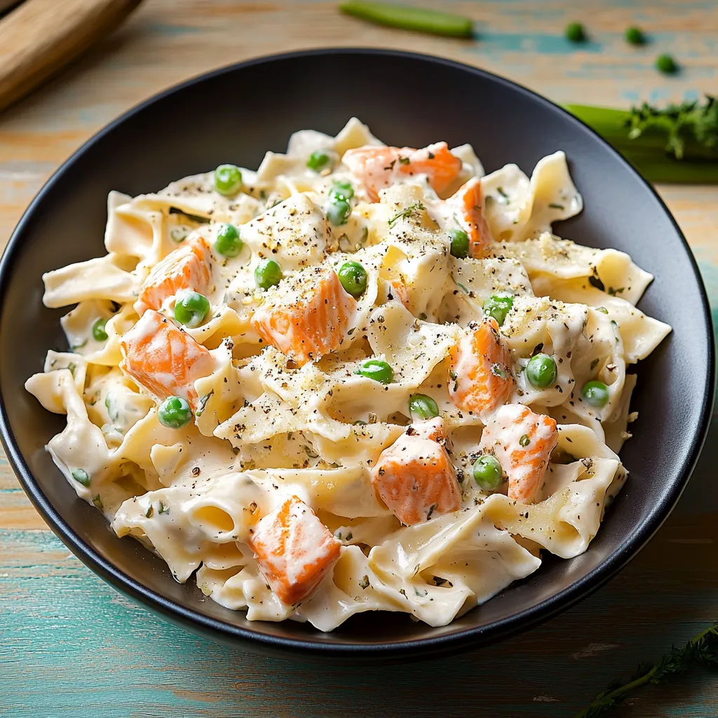 Piatto di pasta con salmone e piselli.