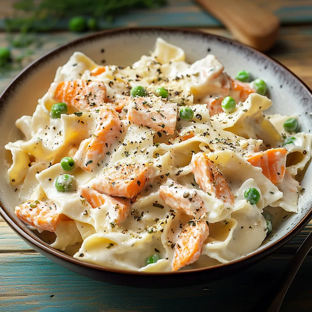 Una ciotola di pasta con pesce e verdure.