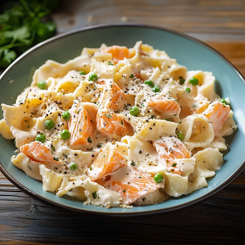 Una tavolata con un piatto di pasta con pesce e verdure.