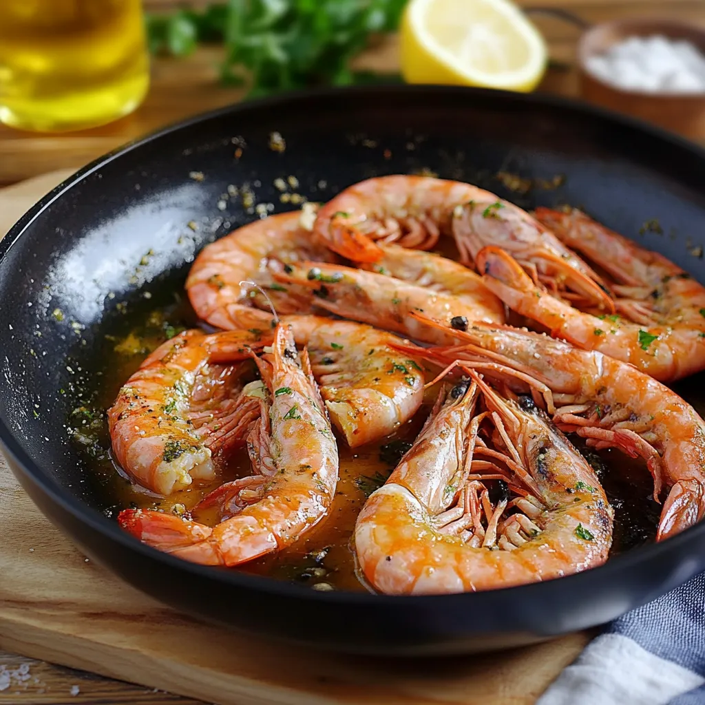 Gamberoni in padella con erbe aromatiche.