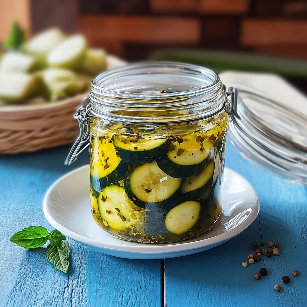 Barattoli di zucchine con erbe.