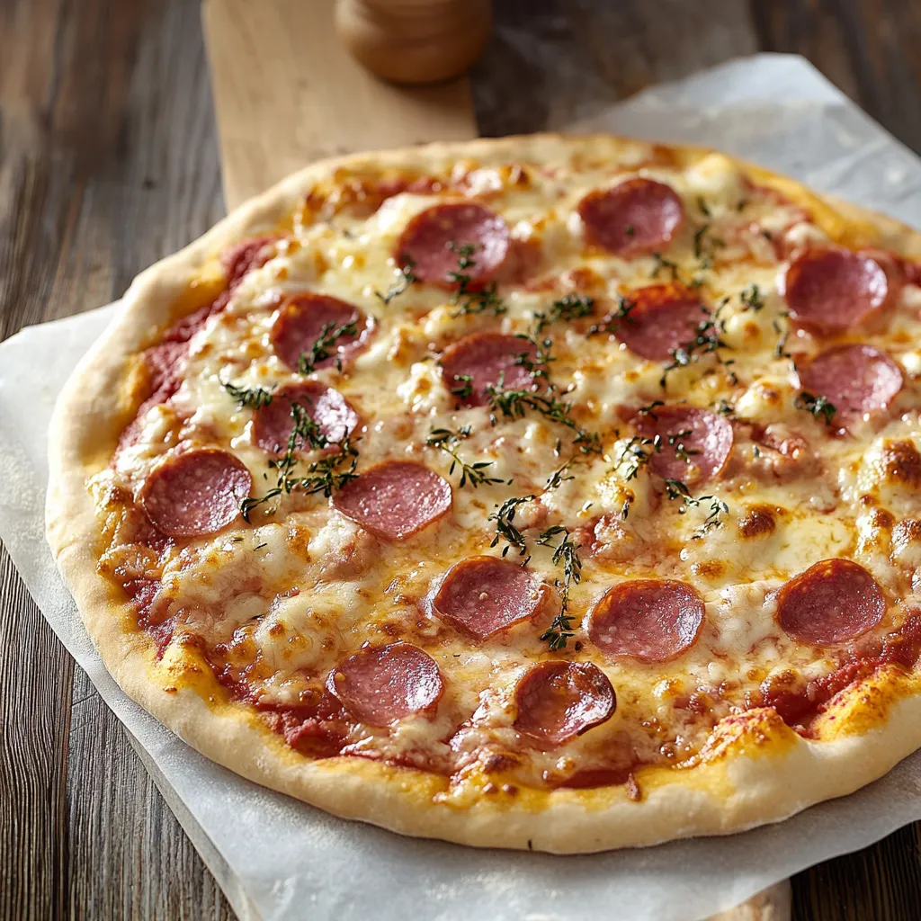 Pizza con pepperoni e basilico.
