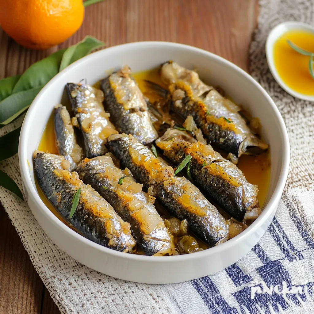 Un piatto di pesce in un piatto bianco.