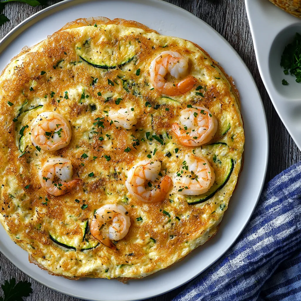 Frittata soffice con zucchine e gamberetti in primo piano.