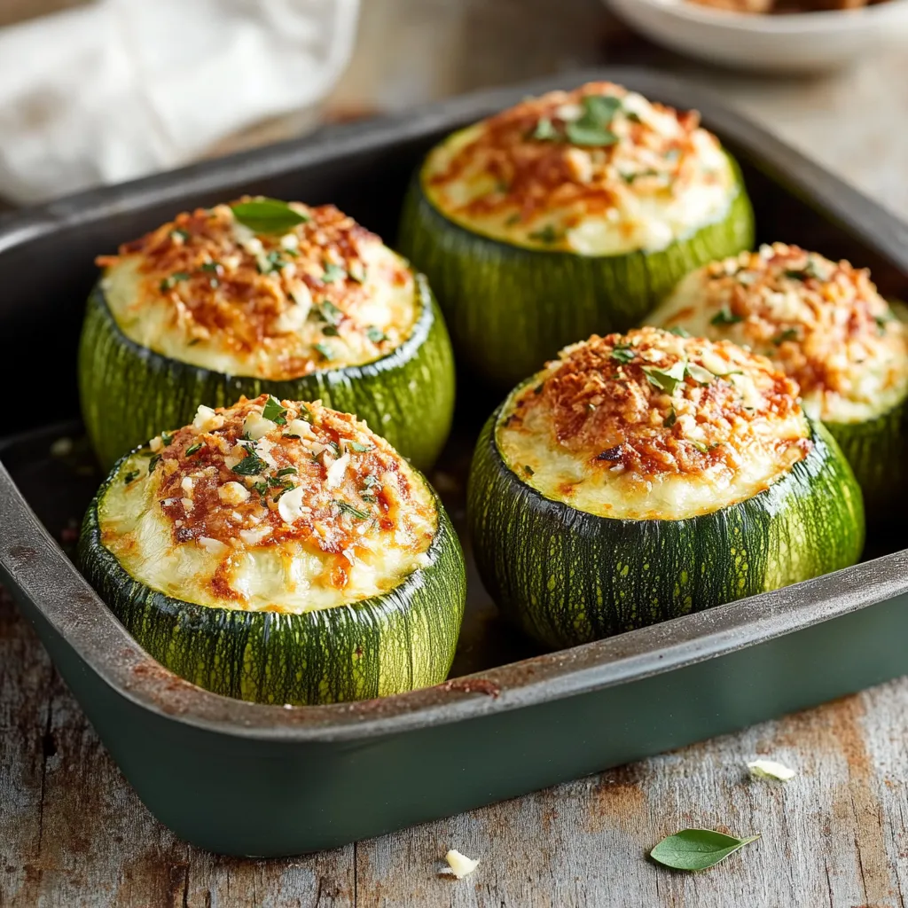 Quattro zucchine gratinate ripiene con formaggio fuso.