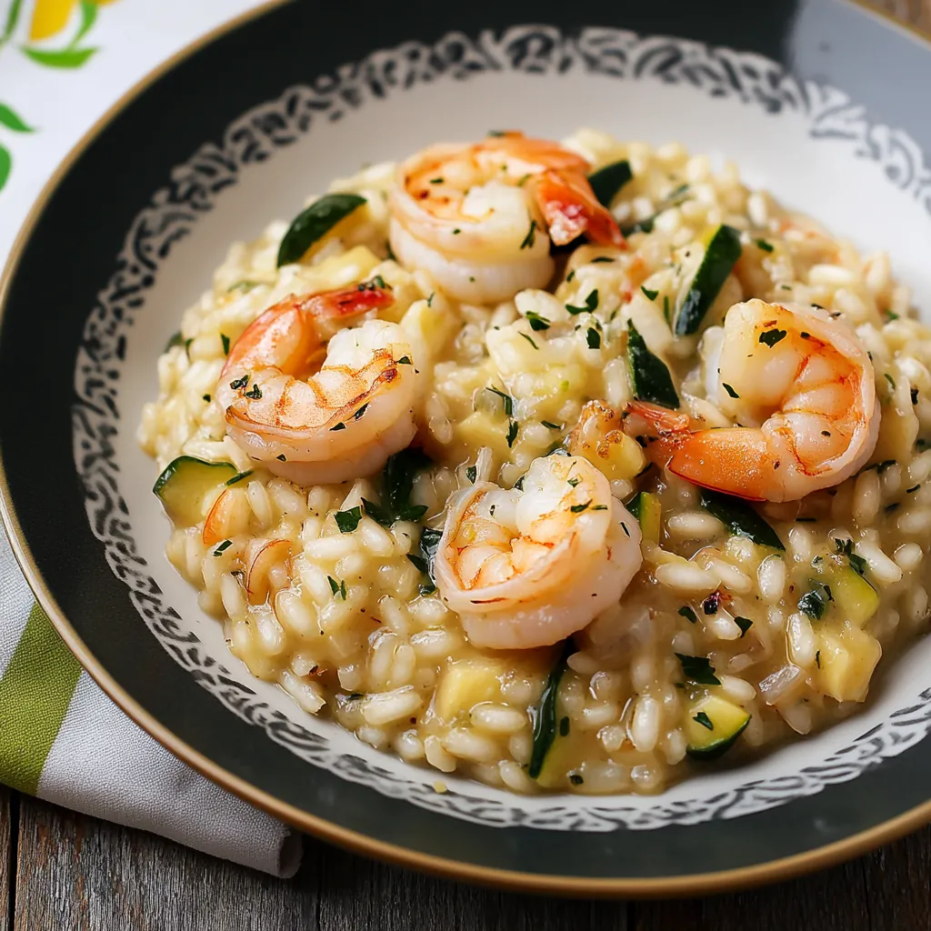 Ciotola di riso con zucchine e gamberetti.