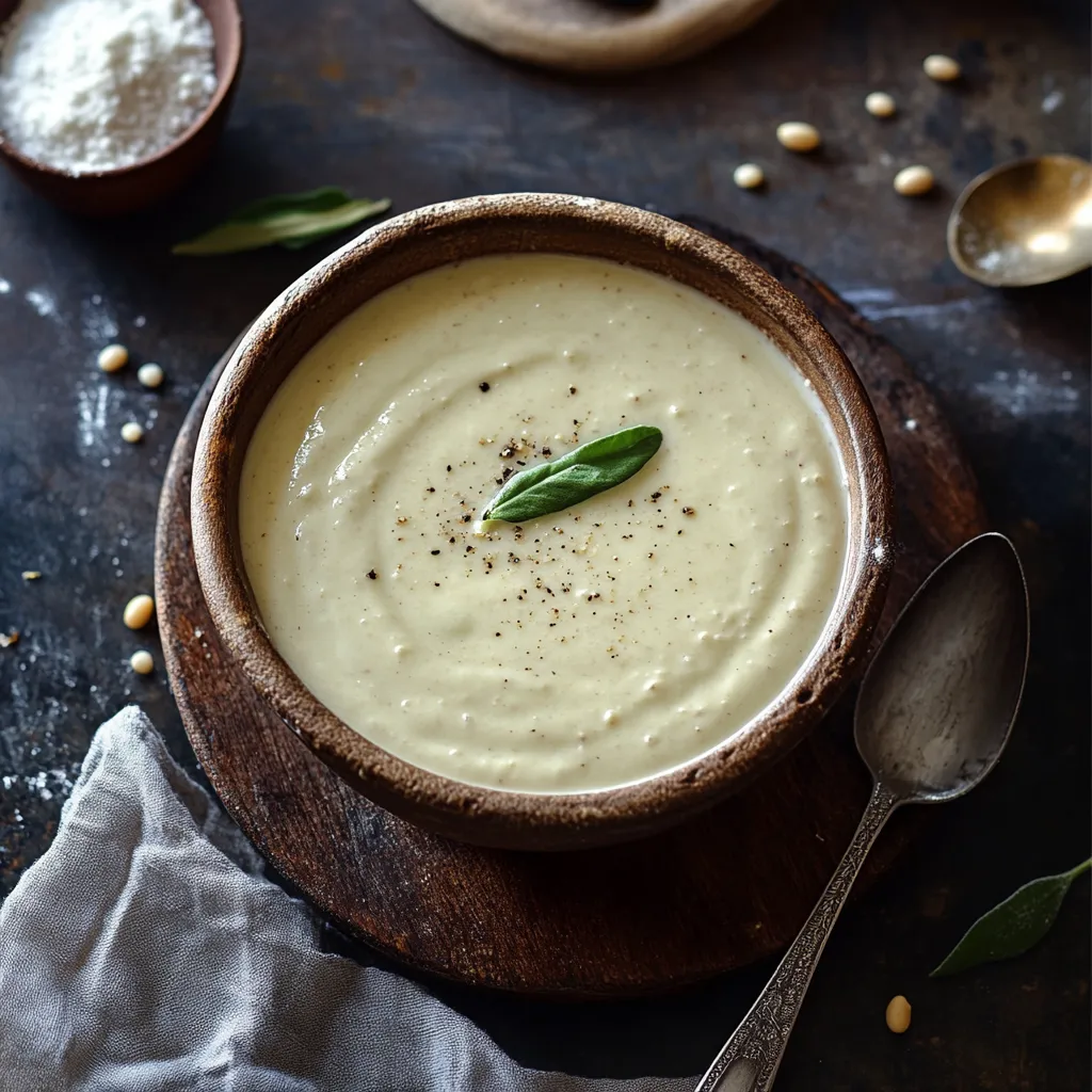 Una ciotola di crema di zucca con una foglia di basilico.