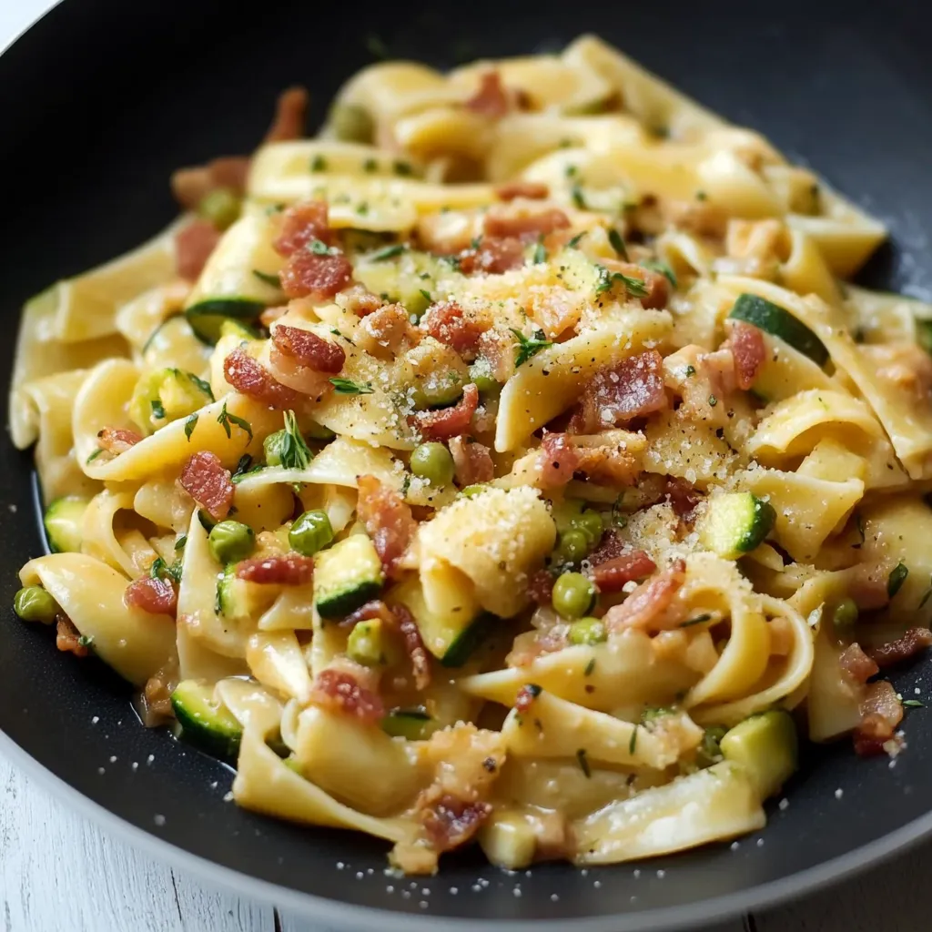 Pasta cremosa con zucchine e pancetta.