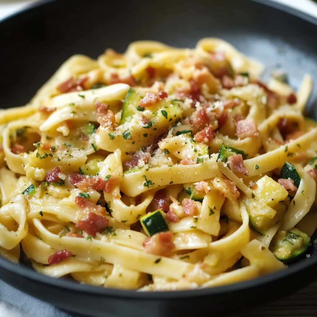 Penne con bacon e verdure.