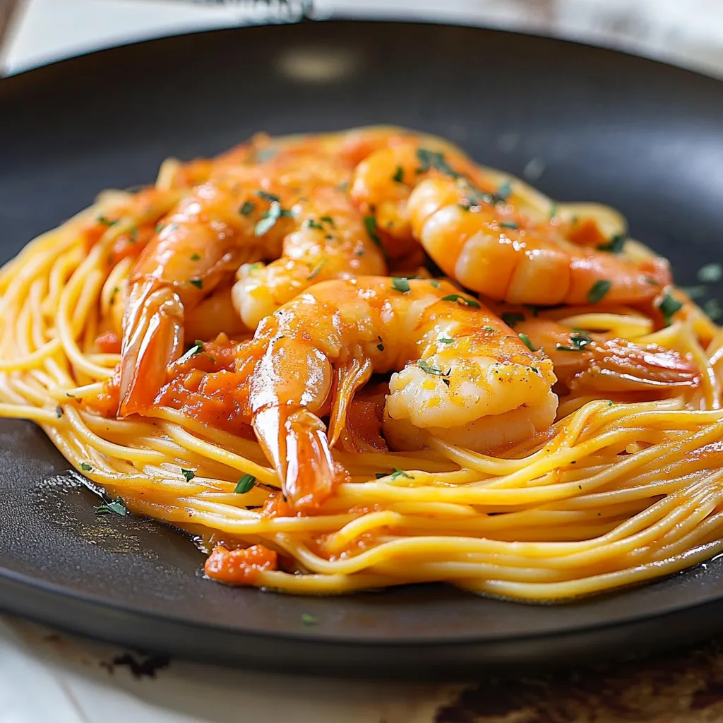 Spaghetti con gamberoni e pomodorini.