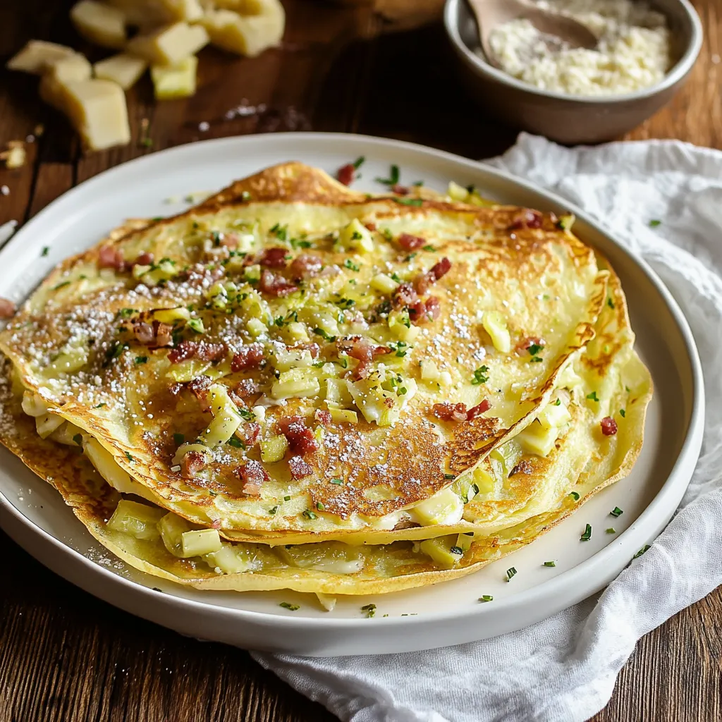 Un piatto di pancakes con bacon e frutta.