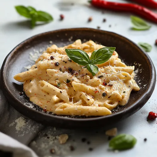 Un piatto di penne arricchito con erbe fresche.