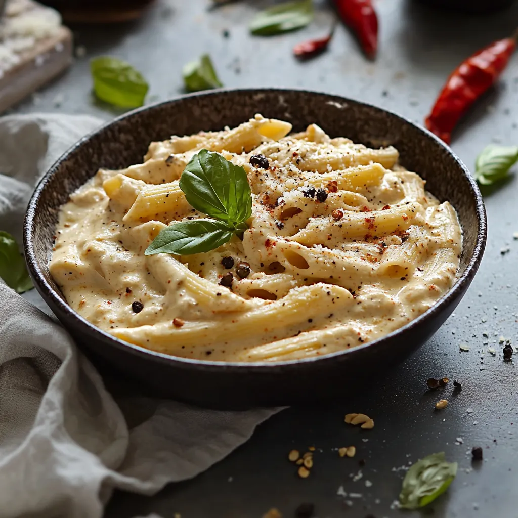 Una ciotola di pasta con erbe e peperoncini.