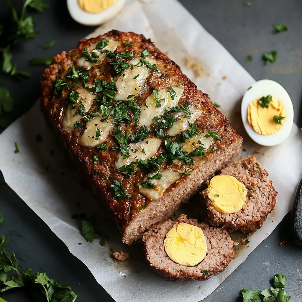 Un pezzo di carne con erbe e uova.