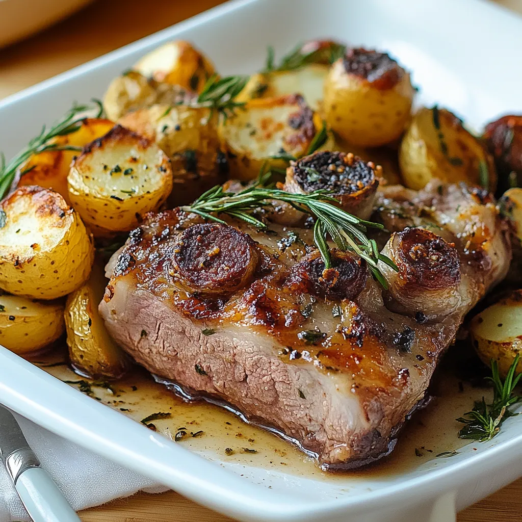 Un piatto di carne con verdure e patate.