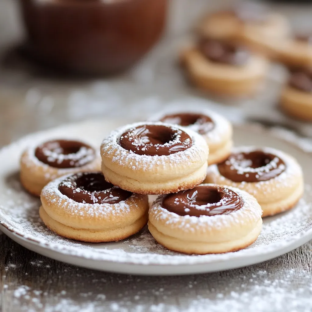 Un piatto con 6 biscotti con crema e cioccolato.