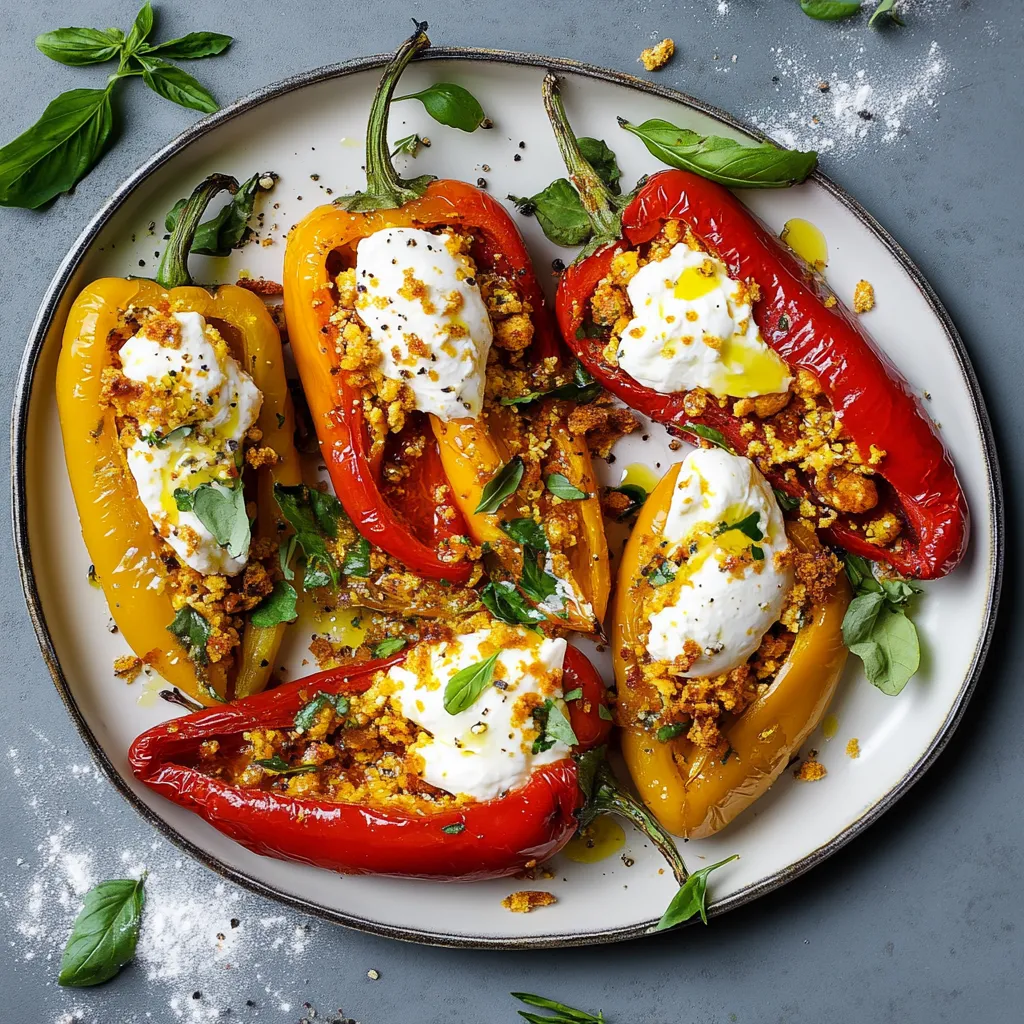 Peperoni con burrata e erbe aromatiche.