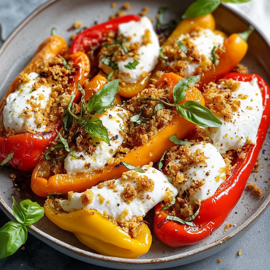 Piatti di peperoni con ricotta e erbe.